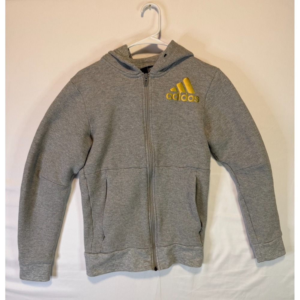 Adidas Full Zip Hoodie Jacket Mens XS Gray Gold Logo Thick Heavy‎